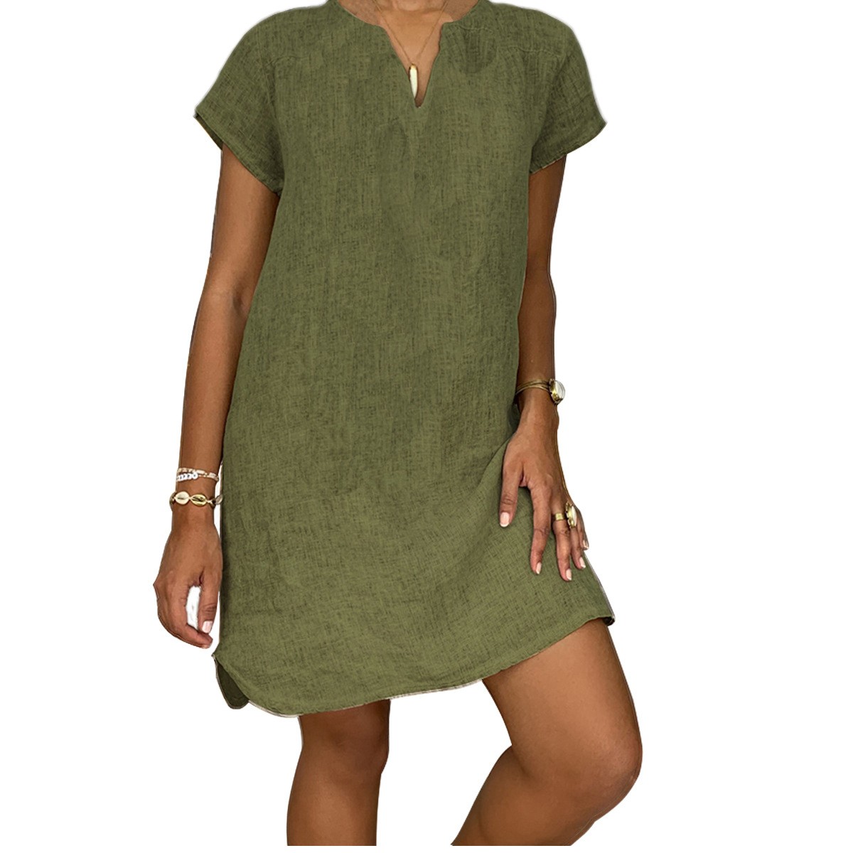 thumbnail image 3 of Vestido camiseta informal de verano con cuello en V para mujer tallas grandes - Corte holgado, tejido de algodón/lino - Adecuado para la playa/fiestas - Tallas S-XXL, 3 of 6